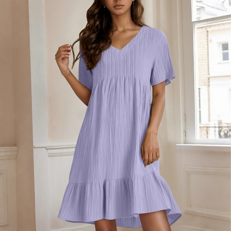 Tianiyouqing Sundresses for Women Short Sleeve Knee Length Cotton Linen Petite Shirt Dresses Ruffle Tiered Layered V Neck Evening Gauze Dresses Light