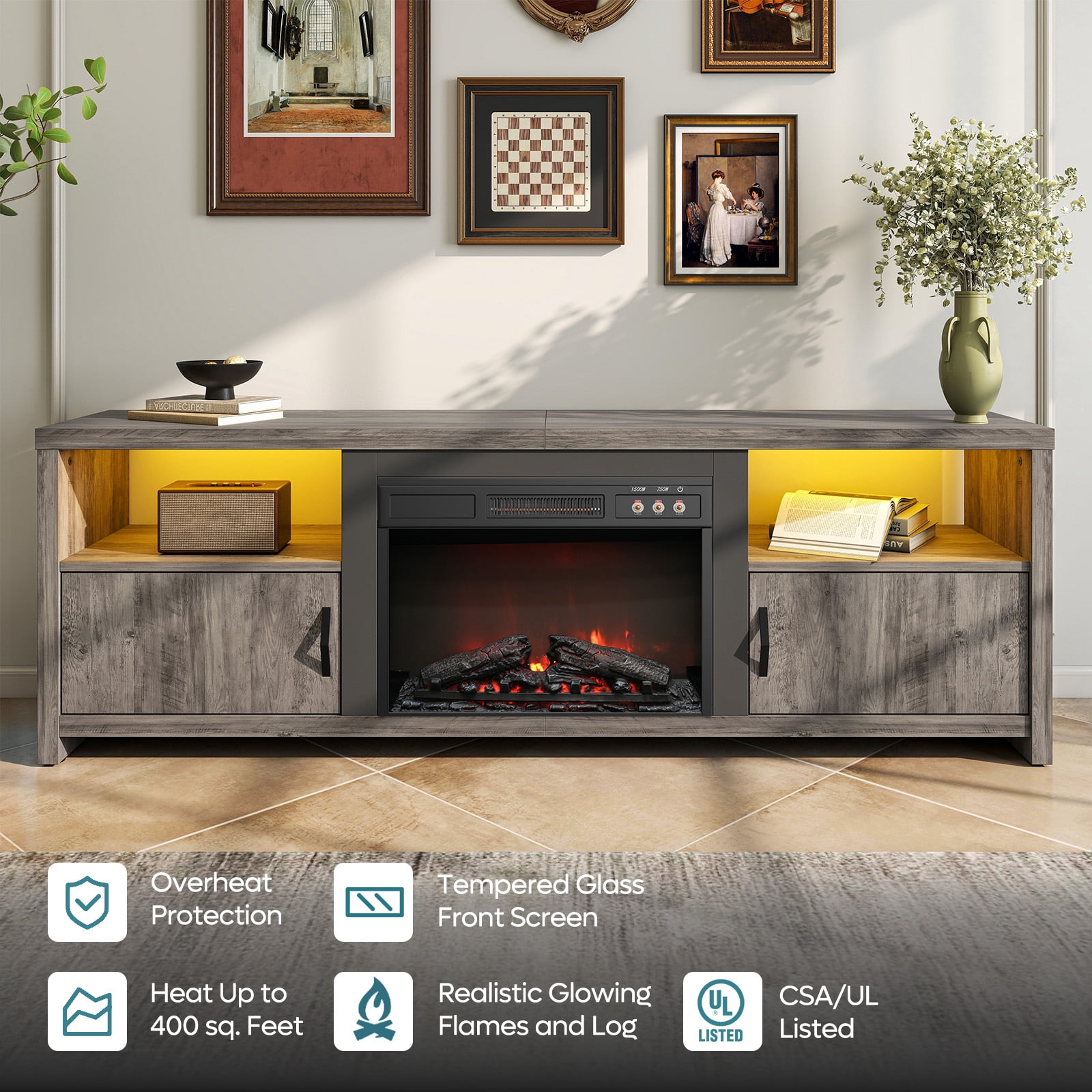Bestier 71 inch Electric Fireplace TV Stand for TVs up to 75", Modern Entertainment Center with LED Lights, Wash Grey