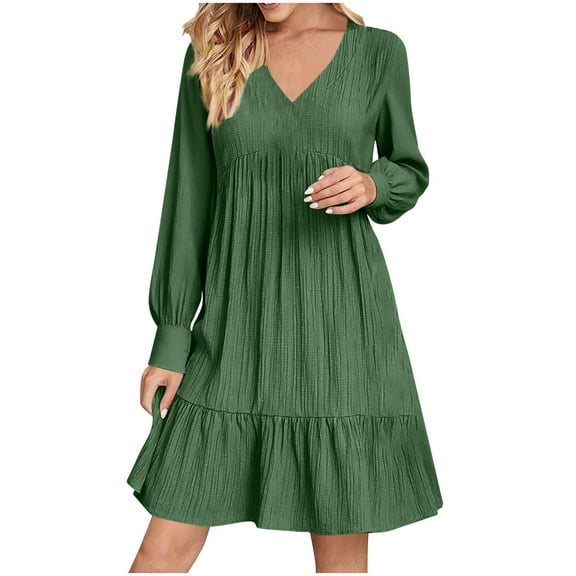 Fall Dress for Women V Neck Long Sleeve Casual Mini Dress Casual Loose Pleated Wedding Guest Dresses