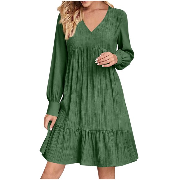 Lenpel Fall Dresses for Women Long Sleeve V Neck Pleated Tiered Ruffle Hem A-Line Dresses Casual Mini Dresses(Army Green,Small)