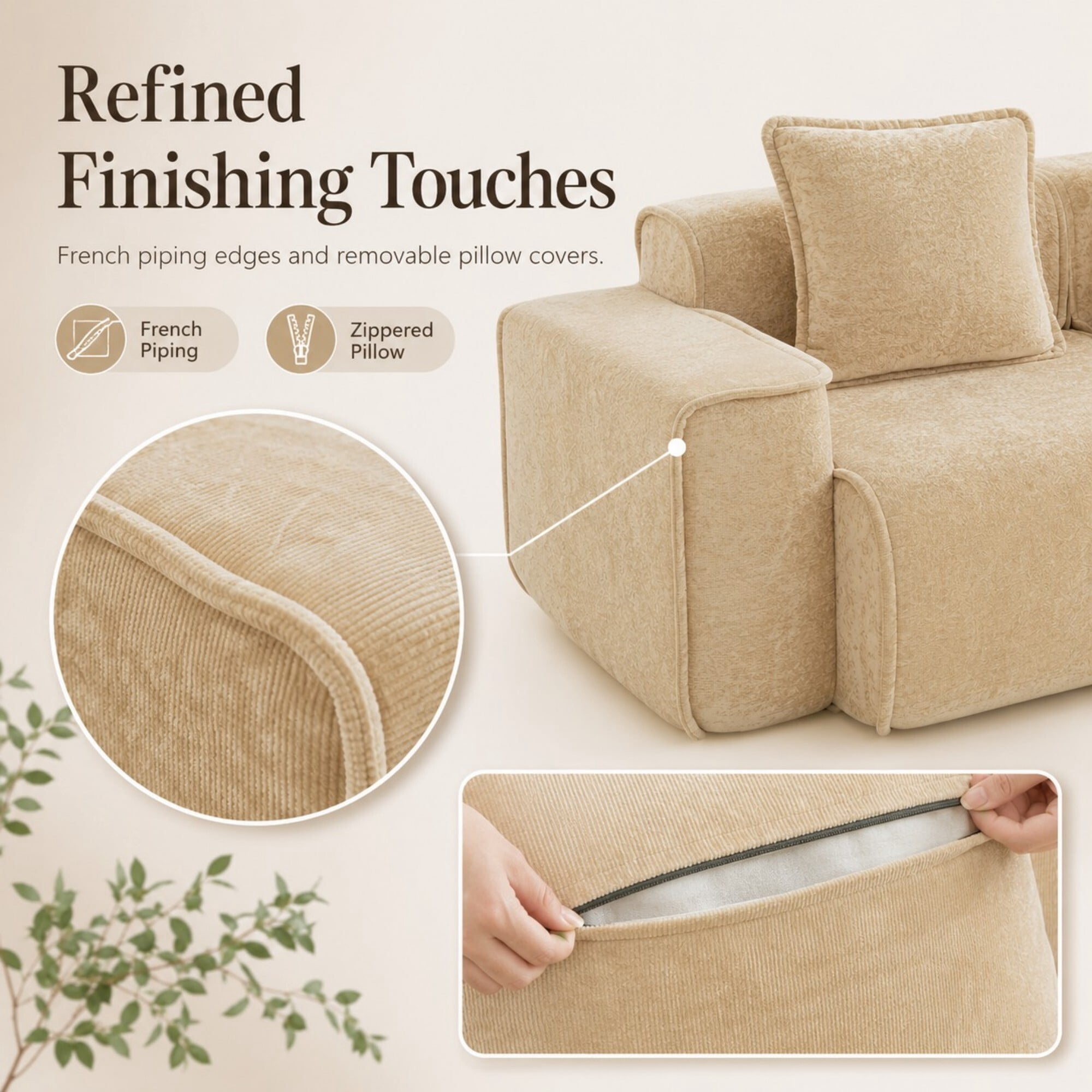 DEALTOPS 78.7" Modern 2-Seater Velvet Boneless Cloud Sofa Couch, Modular Loveseat with 2 Pillows, Beige