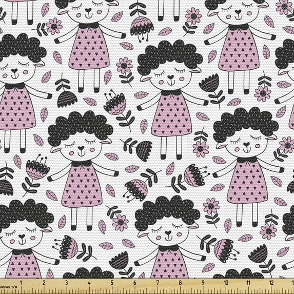 Cartoon Fabric by the Yard, Cheerful Sheep Girl Along Flowers in Scandinavian Doodle Concept, Upholstery Fabric for Dining Chairs Home Decor Accents, Pale Pink Dark Blue Grey by Ambesonne