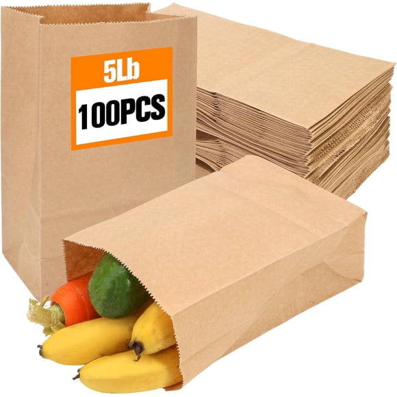 5lb Brown Paper Lunch Bag 100 Count Large Size Compostable Paper Bag for Kid, Sandwich Baked Burger Sack Food, Bulk Snack, Shopping, Recyclable or Disposable Packing Stock Blank Bags for Your Home
