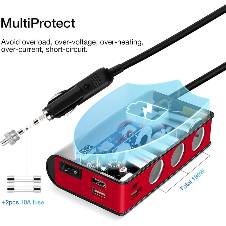 Quick Charge 3.0 Cigarette Lighter Adapter,180W 12V/24V 3-Socket DC Power  Car Splitter with 6.6A 4 USB Ports,LED Display Voltage, Individual Switch  