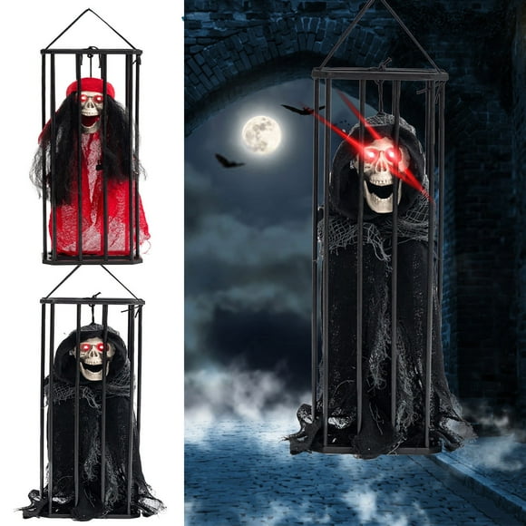 Halloween Decorations Halloween Decor Prop Scary Skeleton Cage Prisoner Decor Halloween Props Layout Hanging Ghost Decoration Luminous Decoration Outdoor Indoor