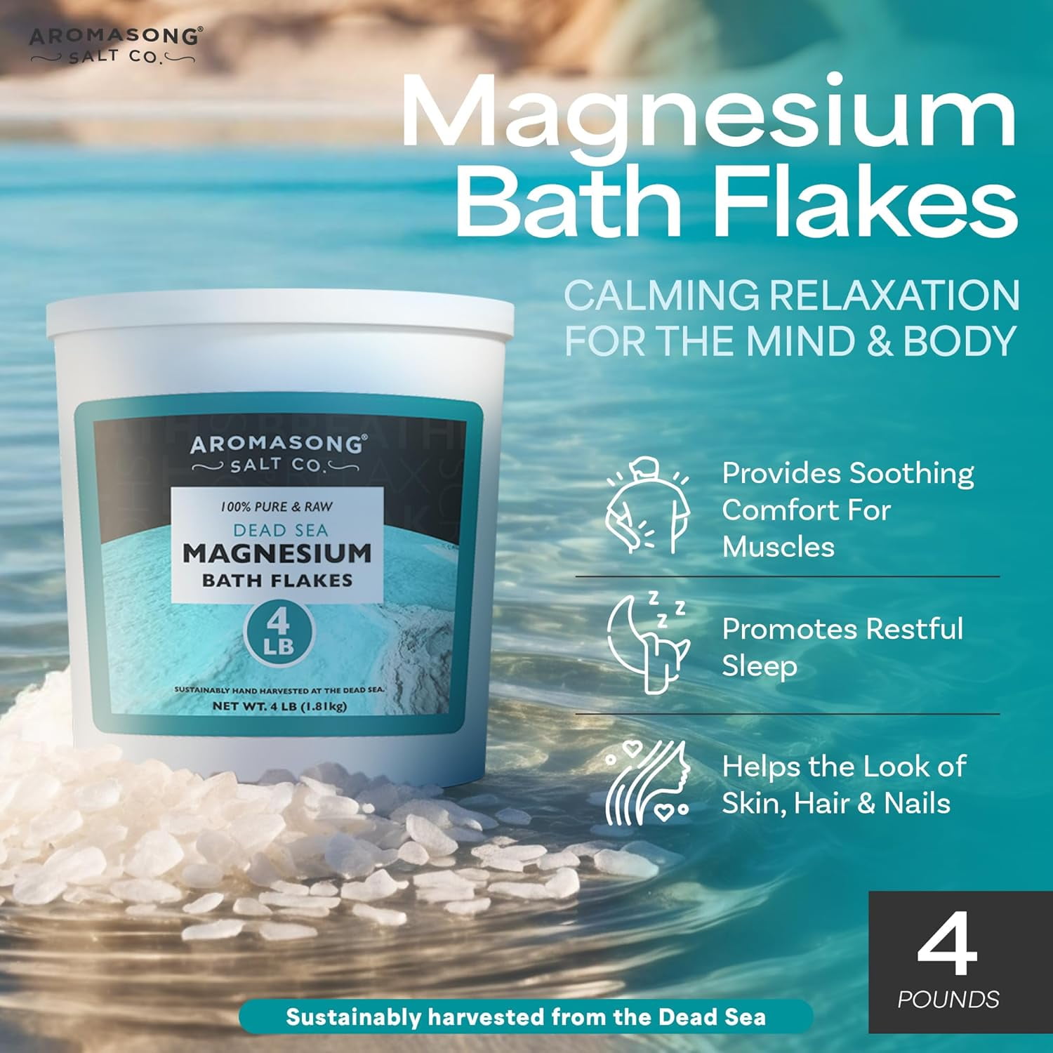 Aromasong Raw Dead Sea Magnesium Flakes for Bath 4 lb Bulk Reusable Bucket
