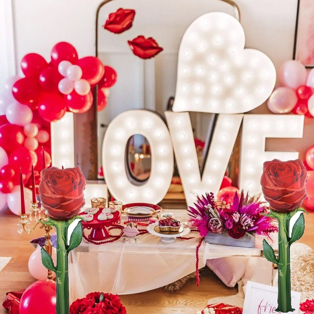 Red Rose Balloons 5pcs Large Valentine's Day Balloons Rose Flower Shape Foil Balloons Mother's Day Decorations Balloons