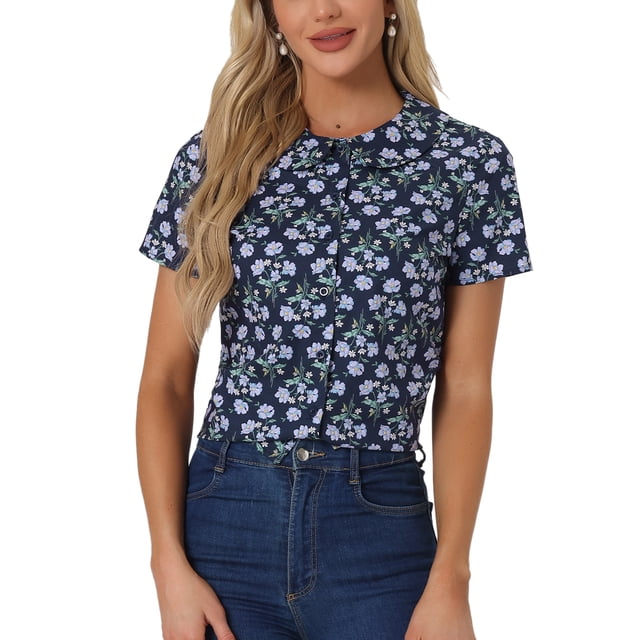 CAMISA DE MUJER ATHLECHIC DE VERANO CON COLLAR PETER PAN, BOTONES EN LA PARTE FRONTAL, BLUSA VINTAGE CON ESTAMPADO FLORAL, TAMAÑO XS, AZUL OSCURO