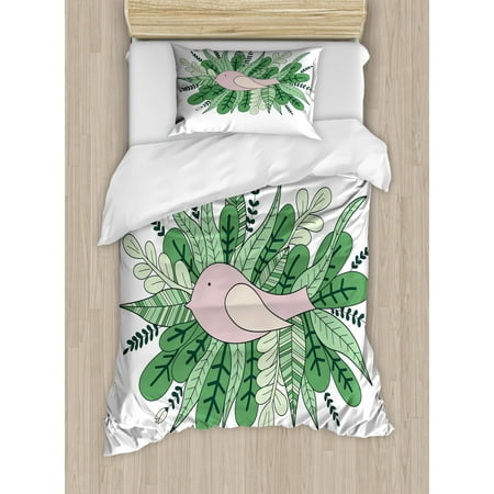 

Nursery Duvet Cover Set Twin Size Hand-drawn Illustration of a Tiny Sparrow Nesting on Leaves Pile Decorative 2 Piece Bedding Set with 1 Pillow Sham Fern Green Pale Green Pearl by Ambesonne