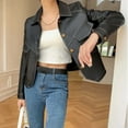 thumbnail image 5 of XPMWRP Women Faux Leather Cropped Jacket Trendy Moto Biker Short Jackets Button Down Spring Fall Fashion Coat Party Clothes Black L, 5 of 9