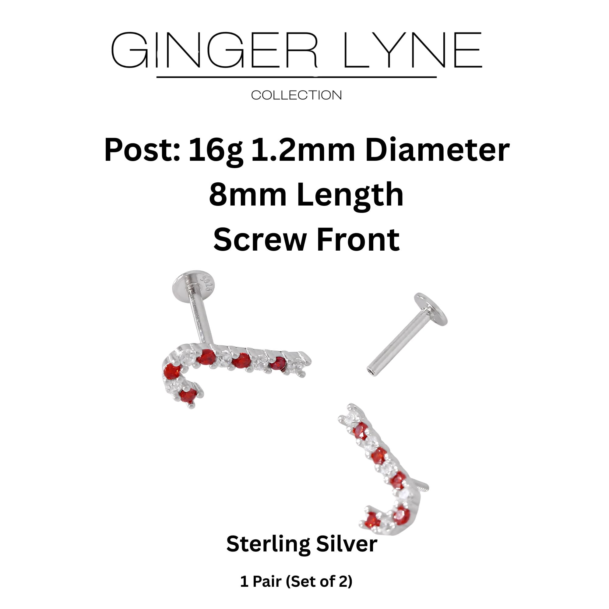 Christmas Candy Cane Flat Back Earrings for Women Sterling Silver 16g Cartilage Helix Lobe Body Piercing Stud by Ginger Lyne Collection