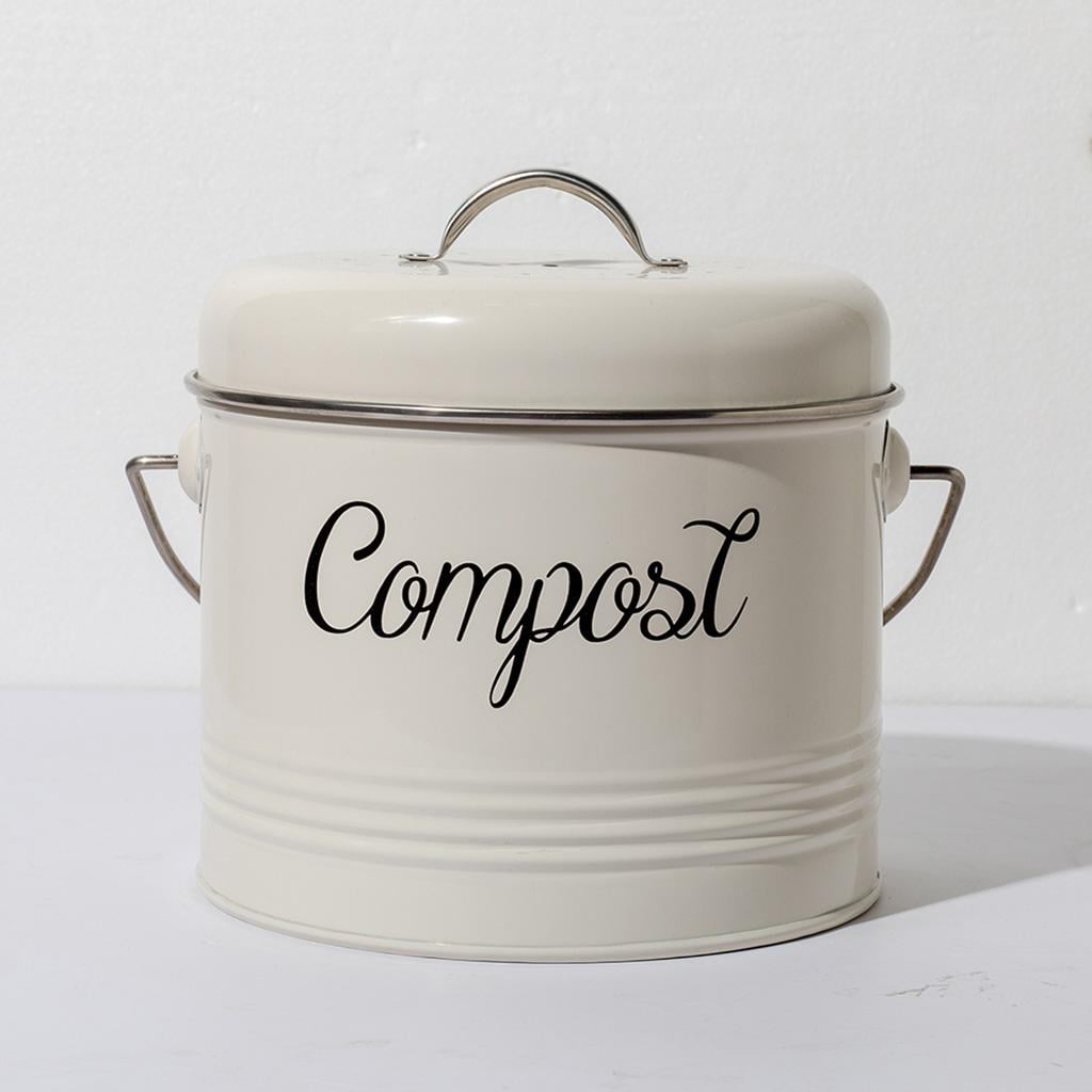 Cream Vintage Retro Style Kitchen Compost Pot BIN Pail TIN with Carbon Filter 