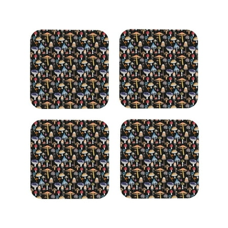 

Leather Coasters Set of 4 - Mushrooms and Leaves Lightweight Non-Slip Drink Coasters for Desk Anti-Scalding Desk Cup Coasters for Office Table Decor Square