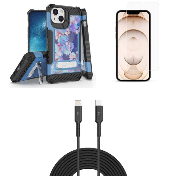 Bemz iPhone 13 Mini Bundle: Tri Shield Military Grade Armor Rugged Case (Blue Lavender Floral), Premium Glass Screen Protectors (2-Pack), USB-C to Lightning Cable (3.3ft/1m)