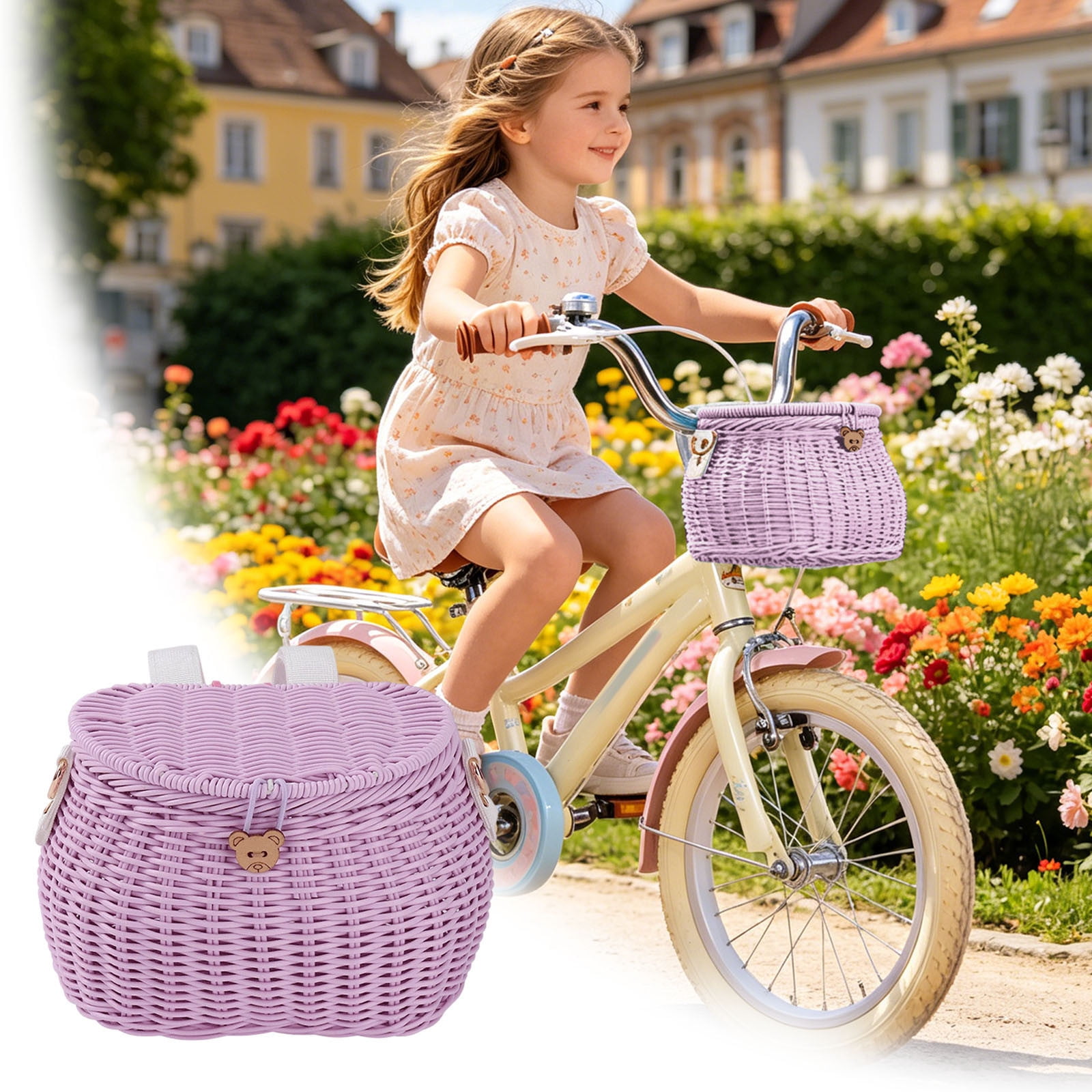 YIGOUMY-19cm PP Woven Bike Basket with Lid, Brown Bear Design Front Basket for Bicycle, Det Storage Basket with Strap for Scooter (Purple)
