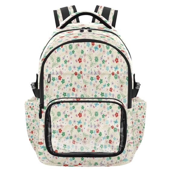 Qxltty Cream Multi Ditsy Floral Backpack School Bookbag with Clear PVC Front Pocket, Laptop Compartment, Water Resistant Travel Daypack for Students