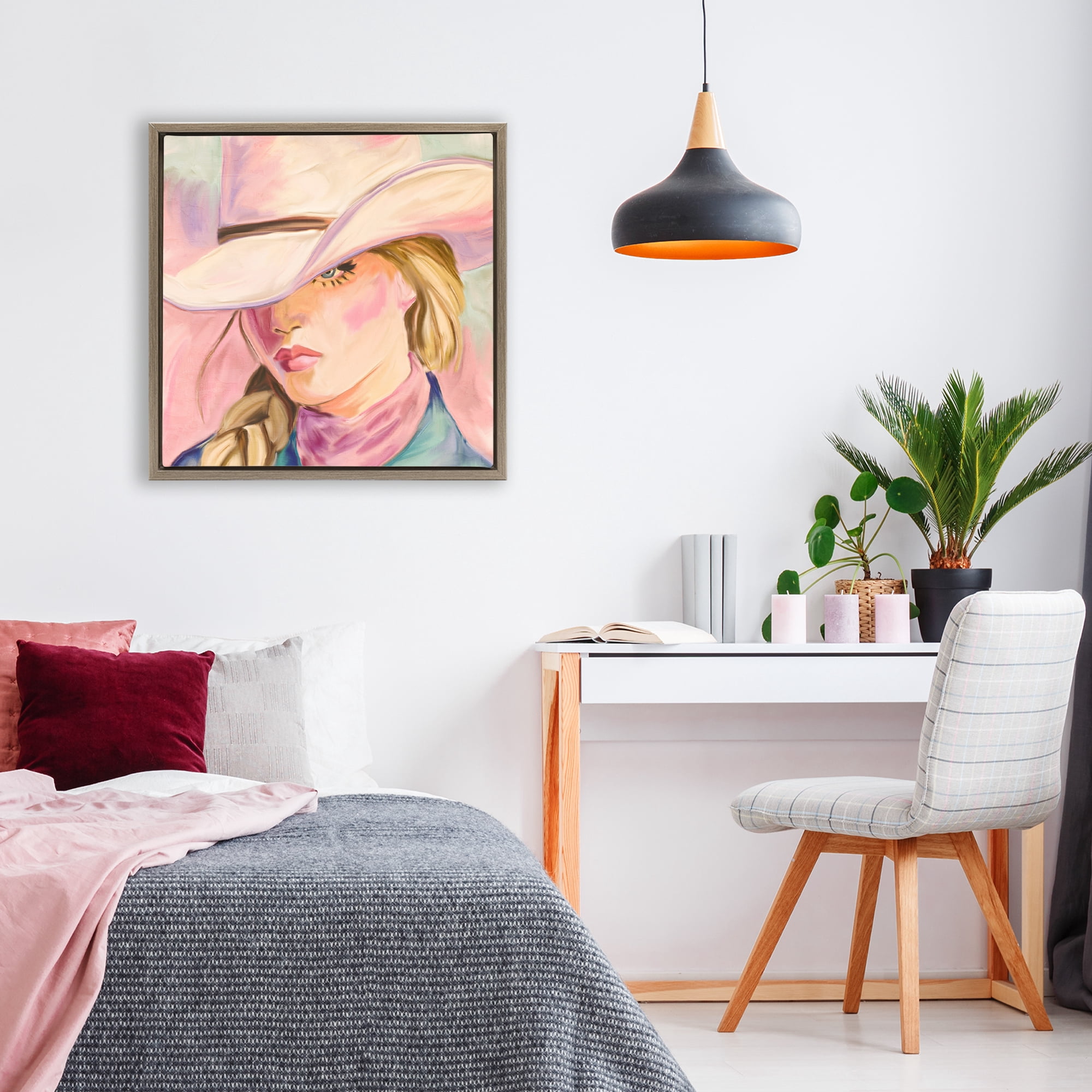 Pastel Cowgirl Gaze Beneath Hat Brown Framed Floater Canvas Wall Art, design by Kim Allen