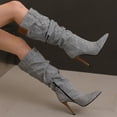thumbnail image 2 of Pointed Toe Stiletto Heels Women Slouchy Denim Fashion Studded Knee High Boots Sexy Winter Dress Pull on Wide Calf Long Boots, 2 of 4