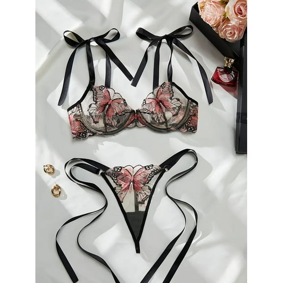 Red Lingerie Set Butterfly Embroidered
