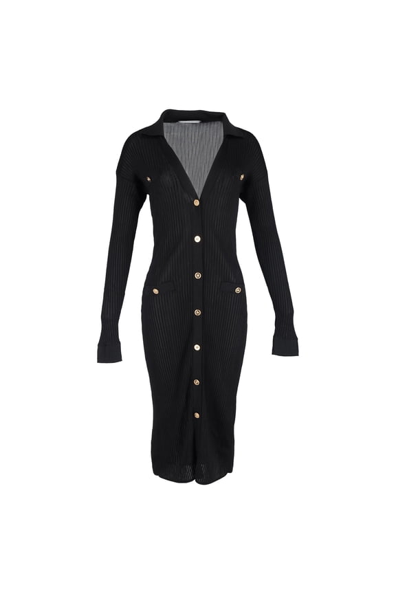 Pre-Owned Versace Ribbed Buttoned Midi Dress in Black Viscose