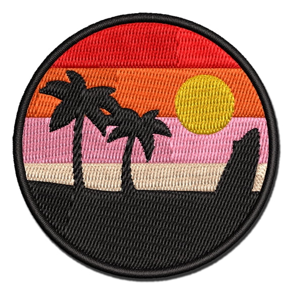 Retro Rainbow Beach Sunset Palm Trees Surfboard Applique Multi-Color Embroidered Iron-On Patch - 2.5 Inch Small