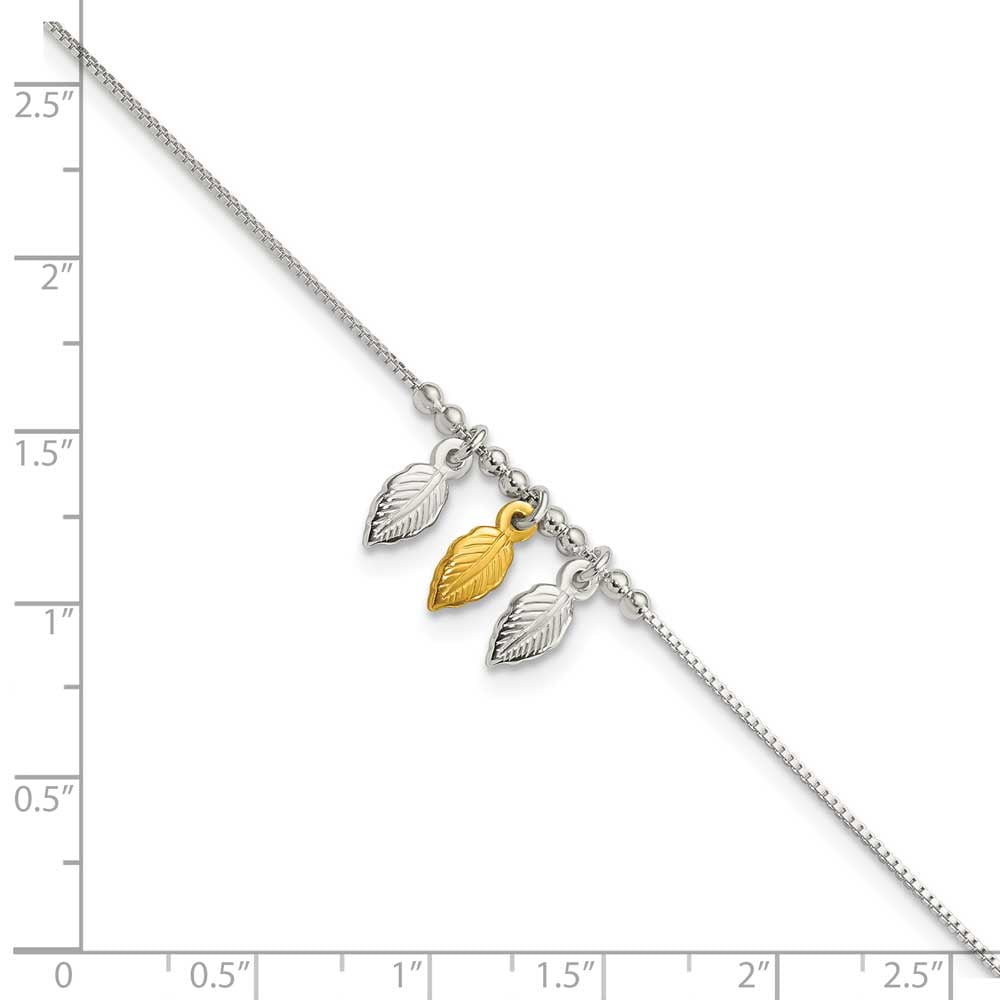 Sterling Silver Gold-tone Polished Feather 9in w/1in ext Anklet Q-QG4216-9