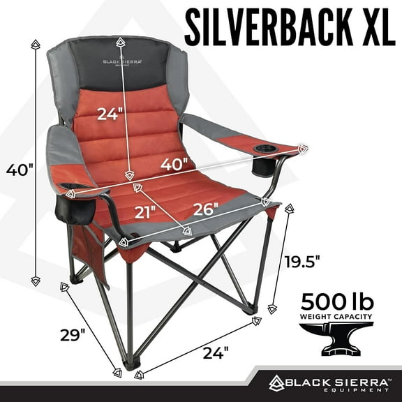 Black Sierra Oversize XL Camping Chair Supports 500 lbs, Padded Folding Outdoor Chair w/ 2 Cupholders and Carrybag, Heavy Duty Portable Collapsible Camp Chair Perfect for Sports, RV, Lawn, Beach