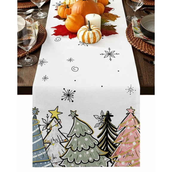 Christmas Tree Snowflakes Table Runner-Cotton Linen- 72 Inch Holiday Dresser Scarves, Cartoon Boho Polka Dots Tablerunner for Kitchen Coffee/Dining Bedroom Home Living Room Dinner Scarf Décor 14x72