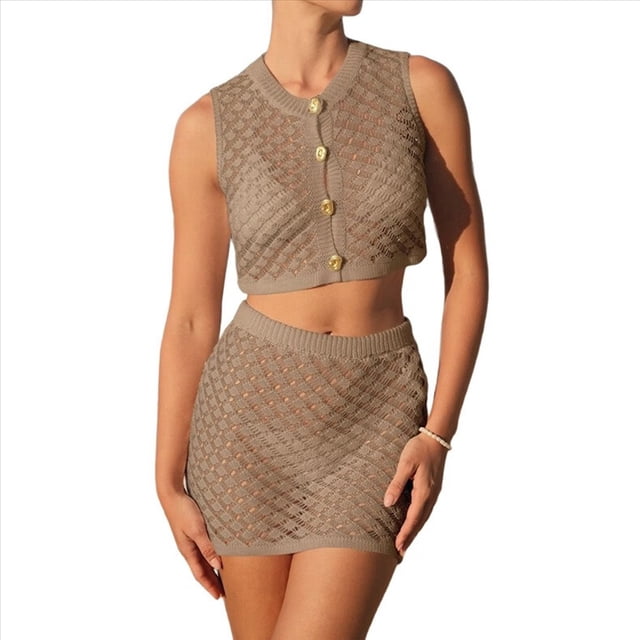 Conjuntos de Dos Piezas de Falda y Pareo, Trajes de Baño de Crochet para Mujer, Conjuntos de Playa Sexys para Vacaciones en Resorts. Caqui M