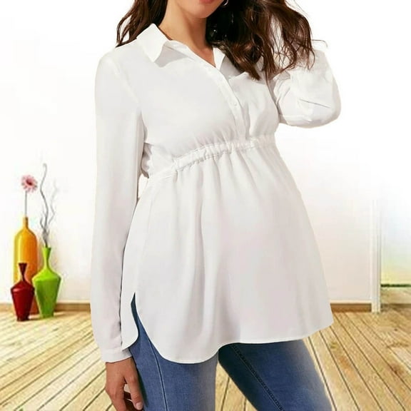 Dxzfnsa Women's Maternity Tops Women Fashion Solid Color Pregnant Shirts Long Sleeve V-neck High Waisted Lace Up Blouses Casual Lightweight Pregnancy Clothes