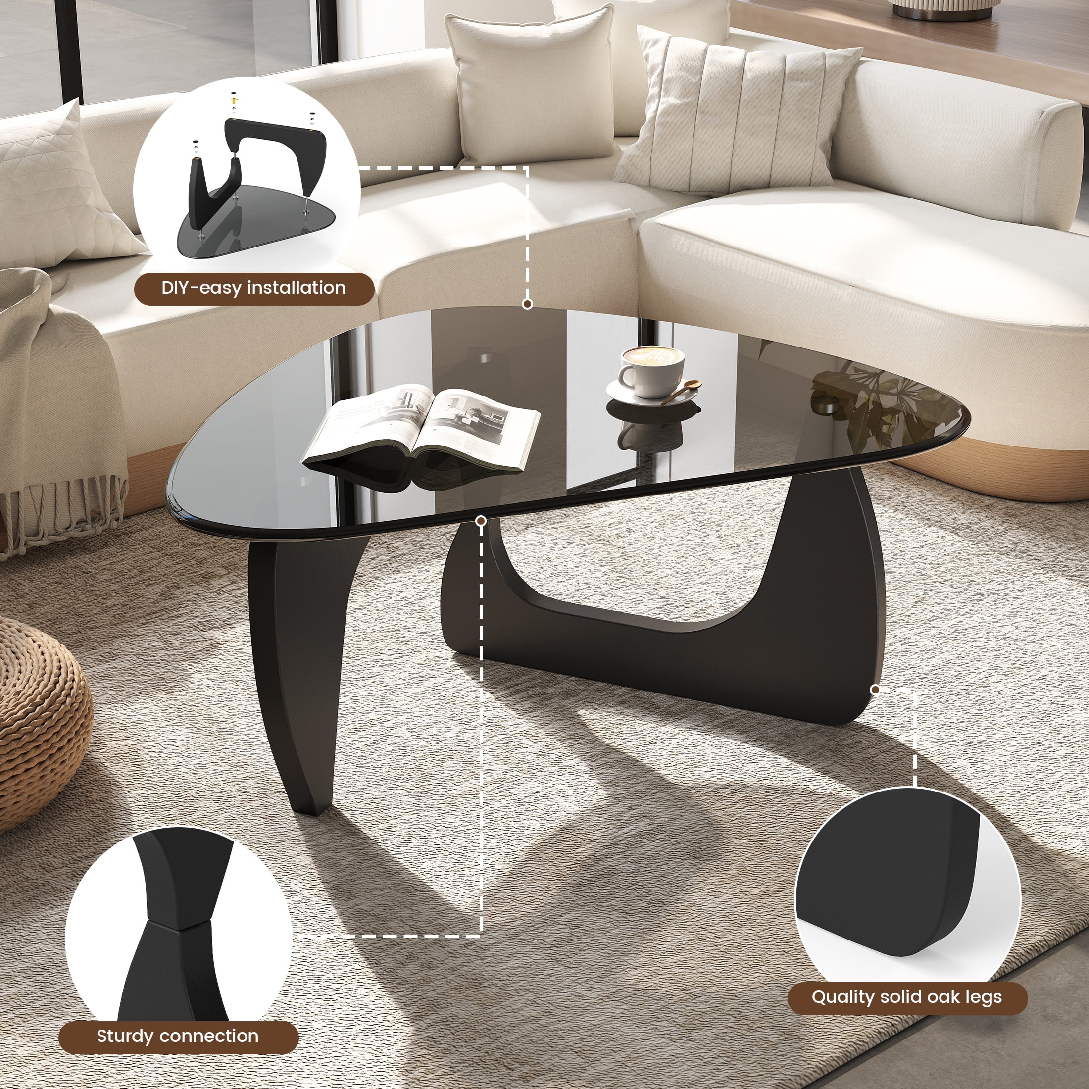 Daluvenix Modern Glass Coffee Table Triangle Coffee Table for Living Room with Glass Top and Wood Base