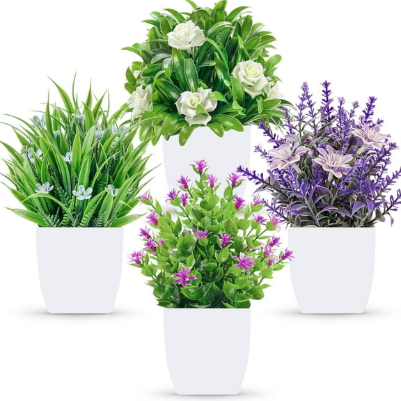 4 Pack Small Fake Flowers Plants Mini Artificial Potted Plants for Centerpiece Table Decorations Desk Home Bathroom Office Decor