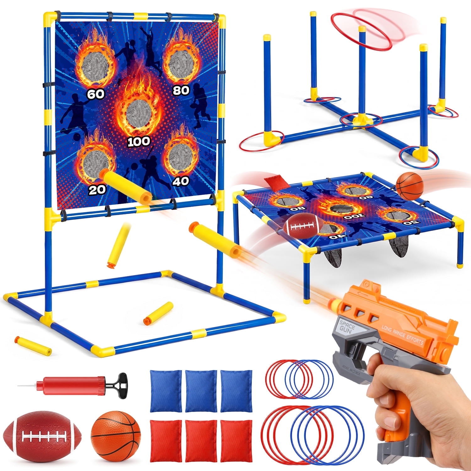 UUSUOO 3 In 1 Kids Outdoor Game Set, Bean Bag Toss, Ring Toss & Shooting Games with Basketball & Football,Indoor Outdoor Toys for Kids,Birthday Gifts for Boys Girls Age 8-12