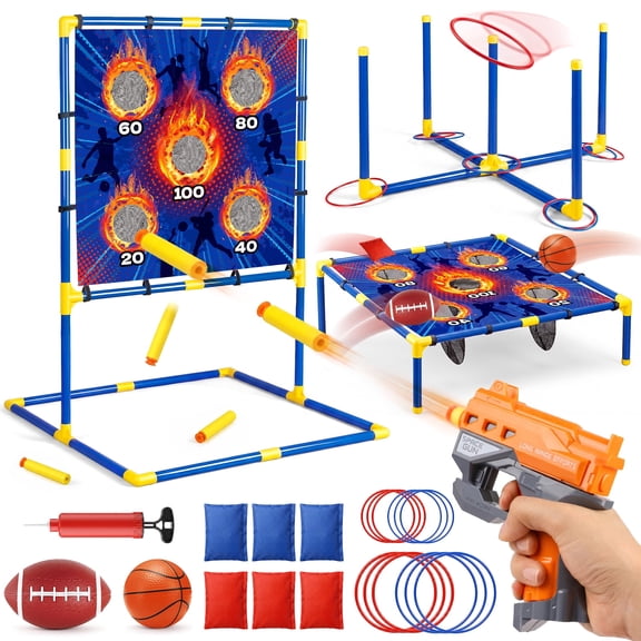 UUSUOO 3 In 1 Kids Outdoor Game Set, Bean Bag Toss, Ring Toss & Shooting Games with Basketball & Football,Indoor Outdoor Toys for Kids,Birthday Gifts for Boys Girls Age 8-12