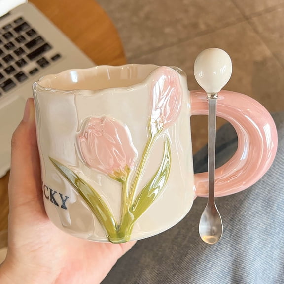 Up to 65 off!Yyuenw Ceramic Flower Mugs with Handle and Spoon, Cute Coffe and Tea Mug for Girls, Irregular Mug, Thick Handle, Super Beautiful Appearance, the Best Gift for Family &Friends