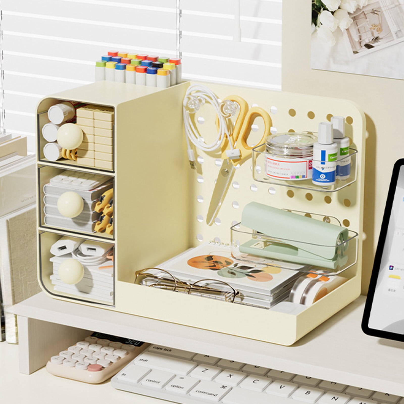 Horivan Desktop Pegboard Organizer with Drawers Adjustable Storage Rack for Office Supplies Cosmetics Crafts Multifunctional Desk Organizer for Home Office Desk Space Saving Desktop Organizer