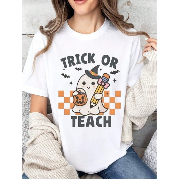 Trick Or Teach Ghost Holding Pumpkin And Pencil Checkered Pattern T-Shirt, Halloween Holiday Casual Outfit