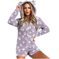 thumbnail image 1 of Mono cálido con capucha y orejas para mujer, estampado de manga larga, pantalones cortos, mono corto con cremallera, bolsillo, ropa de dormir, ropa de casa, tops de poliéster para mujer, 1 of 5
