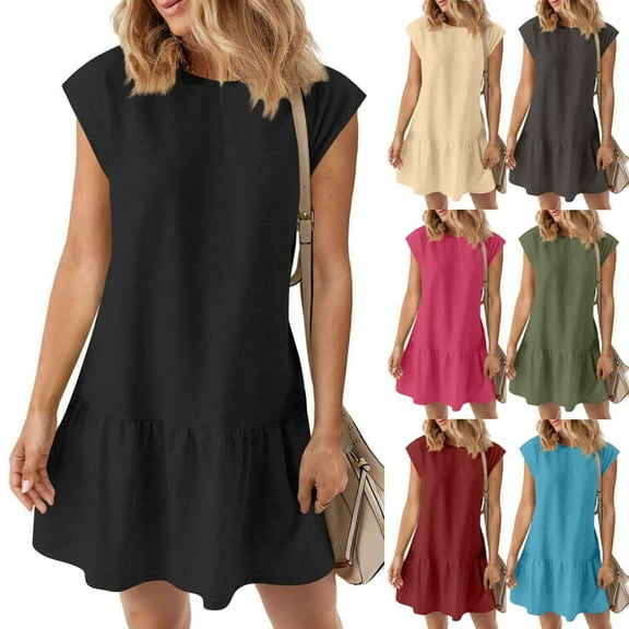 Bovxnpu Summer Plus Size Dresses for Women, Women's Casual T Shirt Dress, Women Fashion Solid Color Fold Short Sleeve Round-Neck Dress M