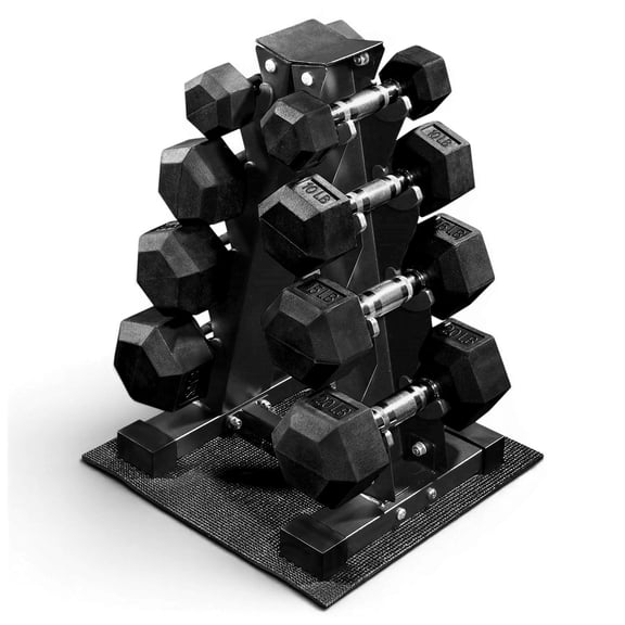 BalanceFrom 100 lb Rubber Coated Iron Dumbbell Hex Weights Set with A-Frame Rack, Black