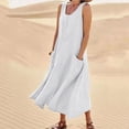 thumbnail image 4 of Vestido de verano de algodón y lino para mujer, sin mangas, con cuello redondo y bolsillos, 4 of 6