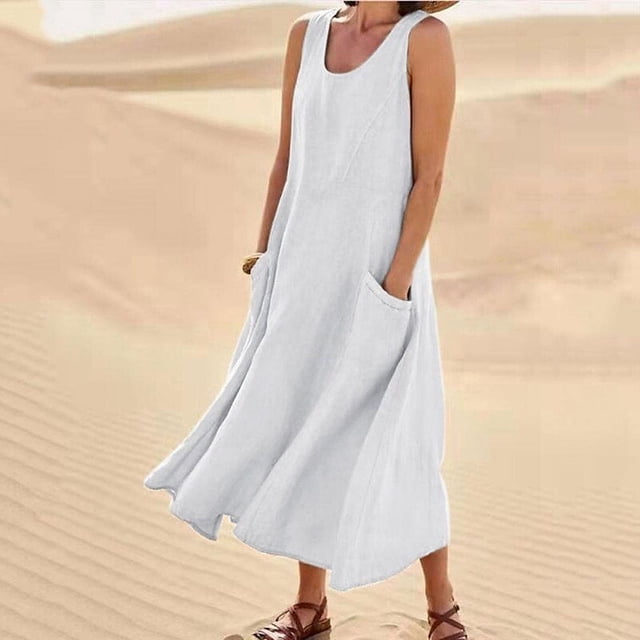 Vestido de verano de algodón y lino para mujer, sin mangas, con cuello redondo y bolsillos