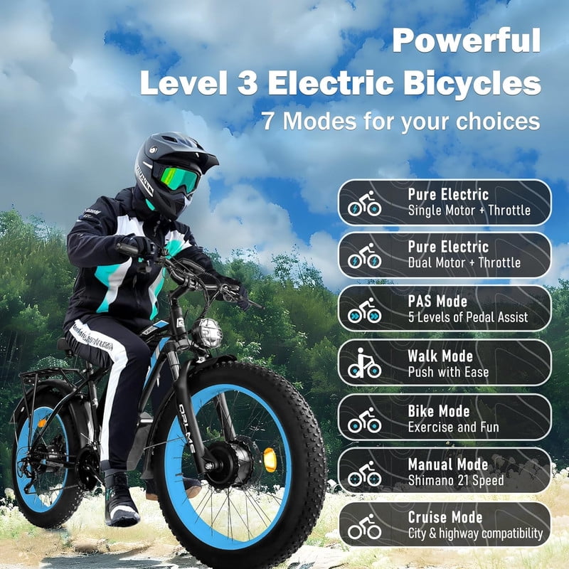 5000W Peak Electric Bike, 60V 25AH Battery Ebike for Adults, Dual Motor AWD Ebike 50MPH 21-Speed ,Long Range Mountain EBike with 26" x 4.0 Fat Tire, All-Road Mountain Bike UL2849, Christmas Gift