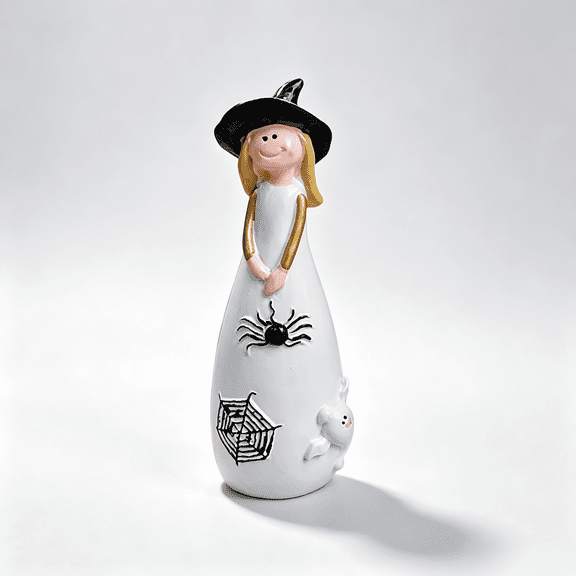Halloween Resin Witch Figurine Tabletop Decoration with Spider Web and Mini Ghost, for Indoor Shelf Mantel Home Party Holiday Decor