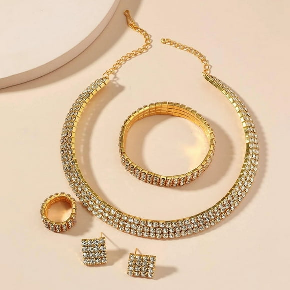 OPOLSKI 1 Set Shining Bright Luster Jewelry Set Necklace Bracelet Earrings Ring Geometric Rhinestones Jewelry Silver