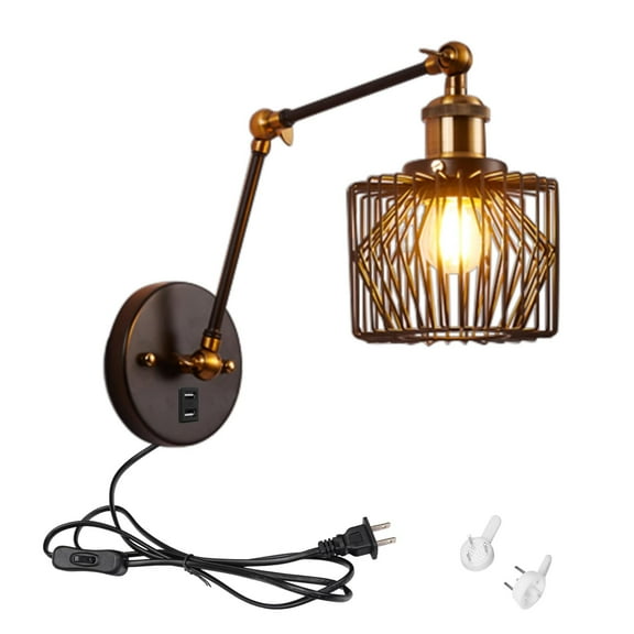 Kiven Plug in Wall Lamp, Industrial Black Wall Sconce with USB Port, 5.9ft Plug-in Cord, On/Off Switch, 1-Light Adjustable Metal Cage Wall Light Fixture for Bedside Reading E26 Socket