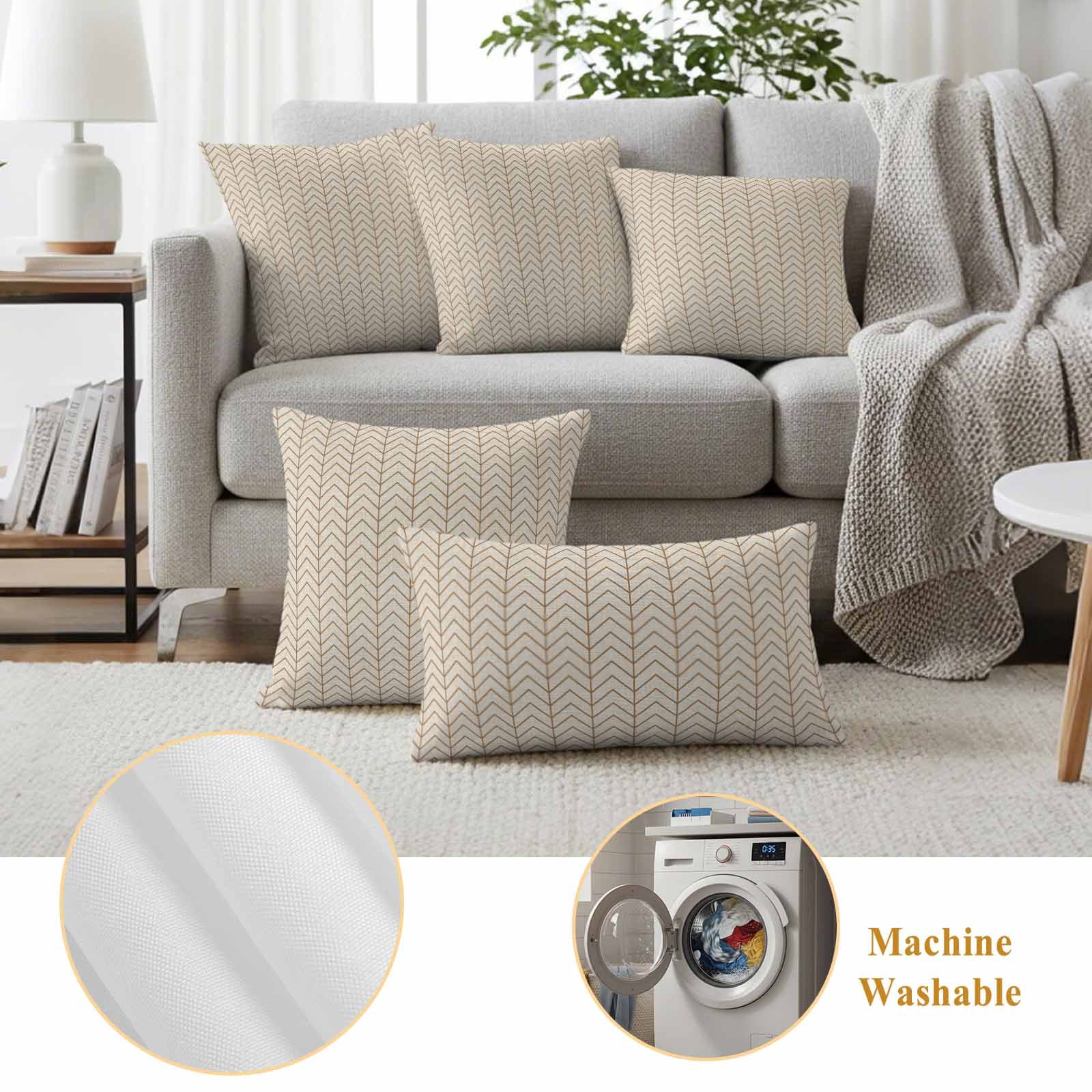 Simple Line Linen Texture Outdoor Waterproof Pillow Covers, Beige Modern Art Geometric Decorative Square Throw Pillowcase Sofa Cushion Sham for Patio/Couch/Chair, 24"x24" 2 Pack