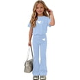 thumbnail image 2 of fatyb Girls Clothes 2 Piece Outfits Short Sleeve Tees Tops Flared Long Pants Kids Summer Casual Sets, 2 of 7