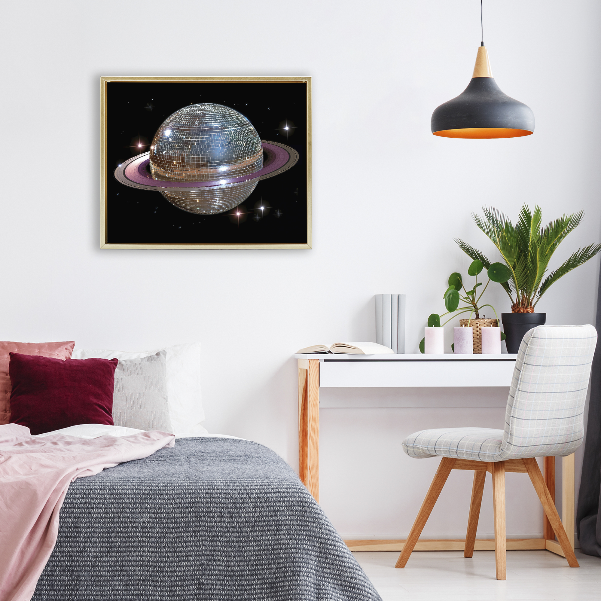 Purple Disco Ball Planet Gold Framed Floater Canvas Wall Art, design by Decent Exposures