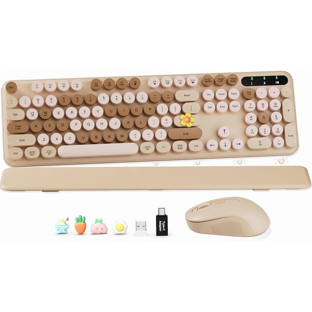 Wireless Keyboard and Combo, Cute Hot Pink Full-Size Retro Typewriter Keyboard with Round Keycaps, Wrist Rest, Tilt Legs, 2.4GHz Cordless for , Windows PC, Laptop, SABLUTE CK23